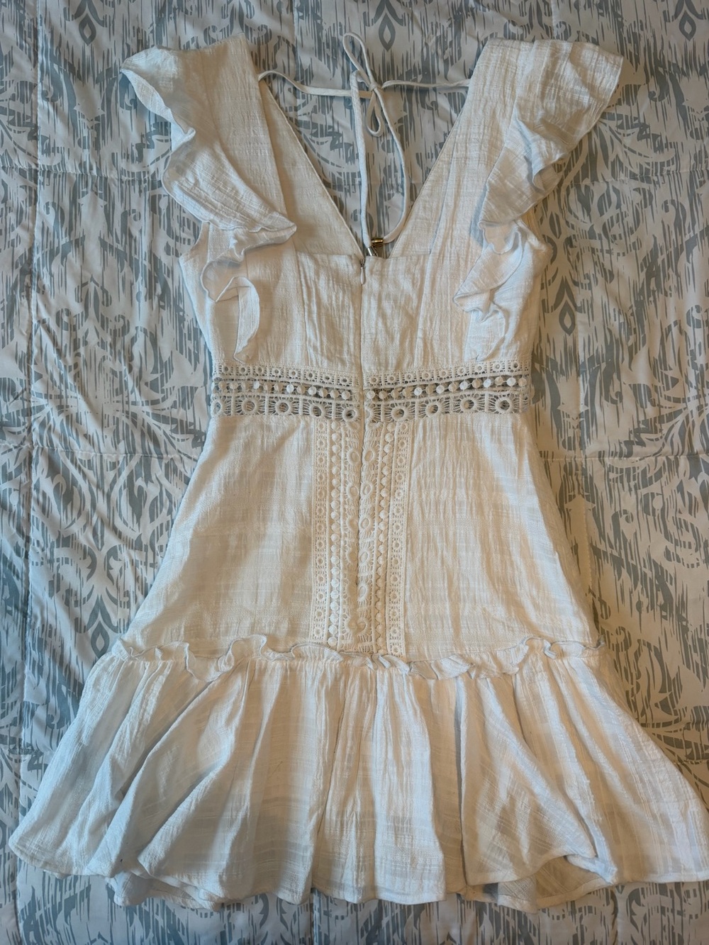 Francesca's Collections Cream Ruffled V-Neck Lace-Panel Mini Dress - Picture 2 of 3